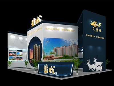 18平米展臺設(shè)計制作：二面開口/現(xiàn)代/木質(zhì)結(jié)構(gòu)/藍色，為房產(chǎn)展展商而作（免費使用）