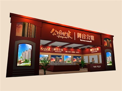 72平米展臺設計制作：一面開口/中式/木質結構/紅色，為房產(chǎn)展展商而作（免費使用）