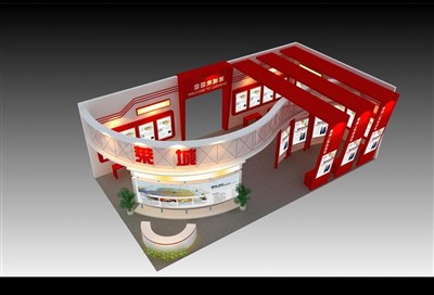 153平米展臺設(shè)計制作：三面開口/現(xiàn)代/木質(zhì)結(jié)構(gòu)/紅色，為成就招商展展商而作（免費(fèi)使用）