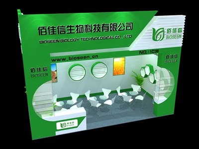 18平米展臺設計制作：一面開口/現(xiàn)代/木質結構/綠色，為化工展展商而作（免費使用）