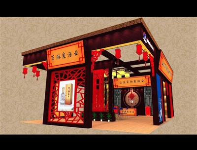 99平米展臺設(shè)計制作：三面開口/中式/木質(zhì)結(jié)構(gòu)/紅色，為食品展展商而作（免費(fèi)使用）