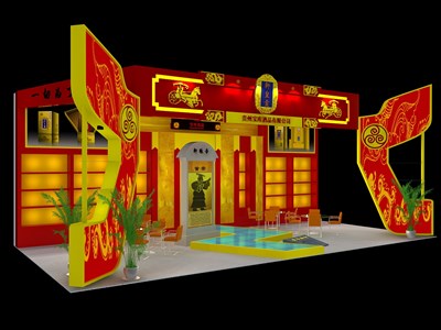 72平米展臺設(shè)計制作：三面開口/中式/木質(zhì)結(jié)構(gòu)/紅色，為糖酒展展商而作（免費(fèi)使用）
