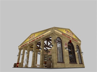 96平米展臺(tái)設(shè)計(jì)制作：二面開口/歐式/木質(zhì)結(jié)構(gòu)/米色，為糖酒展展商而作（免費(fèi)使用）