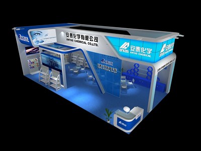 72平米展臺設計制作：二面開口/現(xiàn)代/木質結構/藍色，為化工展展商而作（免費使用）