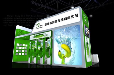 54平米展臺(tái)設(shè)計(jì)制作：三面開口/現(xiàn)代/木質(zhì)結(jié)構(gòu)/綠色，為食品展展商而作（免費(fèi)使用）