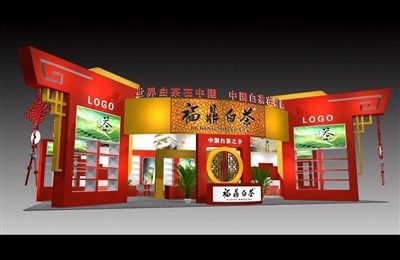 204平米展臺(tái)設(shè)計(jì)制作：三面開口/中式/木質(zhì)結(jié)構(gòu)/紅色，為茶博會(huì)展商而作（免費(fèi)使用）