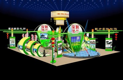 720平米展臺設計制作：四面開口/前衛(wèi)/型材結構/綠色，為旅游展展商而作（免費使用）