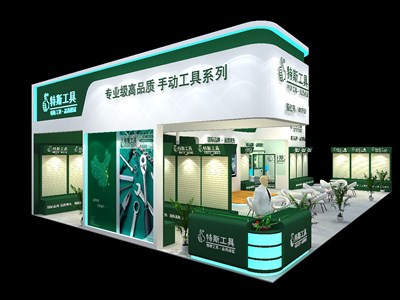 135平米展臺設(shè)計制作：三面開口/現(xiàn)代/木質(zhì)結(jié)構(gòu)/綠色，為工具展展商而作（免費使用）