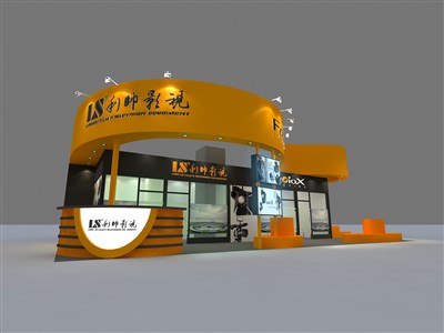 78平米展臺(tái)設(shè)計(jì)制作：三面開口/現(xiàn)代/木質(zhì)結(jié)構(gòu)/黃色，為廣播媒體展展商而作（免費(fèi)使用）