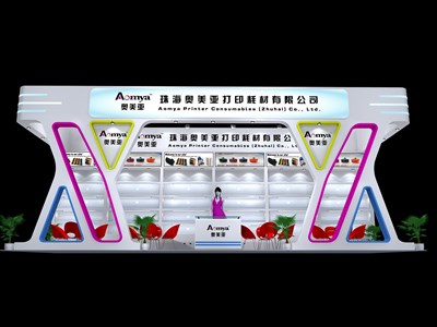 44平米展臺設(shè)計(jì)制作：三面開口/現(xiàn)代/木質(zhì)結(jié)構(gòu)/白色，為廣告展展商而作（免費(fèi)使用）