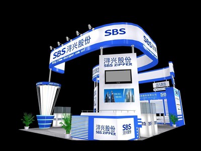 54平米展臺設(shè)計(jì)制作：三面開口/現(xiàn)代/木質(zhì)結(jié)構(gòu)/藍(lán)色，為服裝展展商而作（免費(fèi)使用）