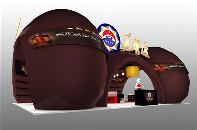 108平米展臺設計制作：三面開口/現(xiàn)代/木質結構/咖啡色，為游戲展展商而作（免費使用）