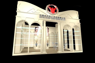 36平米展臺(tái)設(shè)計(jì)制作：二面開(kāi)口/歐式/木質(zhì)結(jié)構(gòu)/米色，為工藝品展展商而作（免費(fèi)使用）