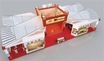 235.4平米展臺設計制作：四面開口/前衛(wèi)/桁架結(jié)構(gòu)/紅色，為旅游展展商而作（免費使用）