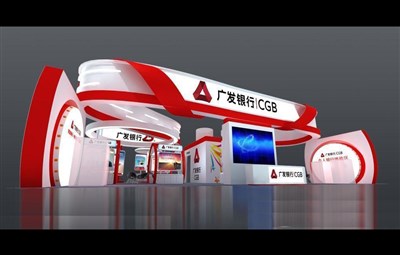 300平米展臺設(shè)計制作：四面開口/現(xiàn)代/木質(zhì)結(jié)構(gòu)/紅色，為金融展展商而作（免費使用）