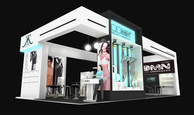 72平米展臺設(shè)計制作：三面開口/現(xiàn)代/木質(zhì)結(jié)構(gòu)/白色，為服裝展展商而作（免費使用）