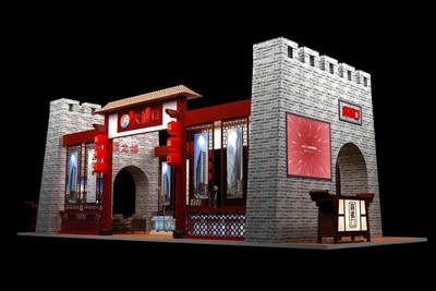 90平米展臺(tái)設(shè)計(jì)制作：四面開口/中式/木質(zhì)結(jié)構(gòu)/灰色，為旅游展展商而作（免費(fèi)使用）