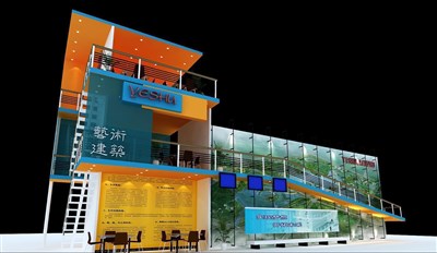 132平米展臺設(shè)計制作：三面開口/現(xiàn)代/雙層結(jié)構(gòu)/綠色，為綜合展展商而作（免費使用）