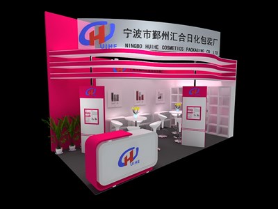 18平米展臺設計制作：二面開口/現(xiàn)代/木質結構/粉色，為廣告展展商而作（免費使用）