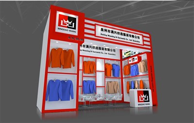 18平米展臺設計制作：一面開口/現(xiàn)代/木質結構/紅色，為服裝展展商而作（免費使用）