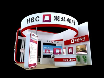 36平米展臺設(shè)計制作：三面開口/現(xiàn)代/木質(zhì)結(jié)構(gòu)/紅色，為金融展展商而作（免費使用）