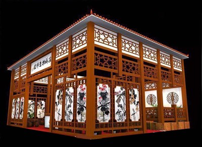 75平米展臺設(shè)計制作：三面開口/中式/木質(zhì)結(jié)構(gòu)/咖啡色，為工藝品展展商而作（免費使用）