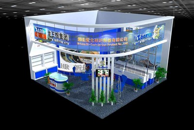 49平米展臺(tái)設(shè)計(jì)制作：二面開口/現(xiàn)代/木質(zhì)結(jié)構(gòu)/藍(lán)色，為釣具展展商而作（免費(fèi)使用）