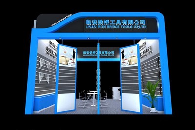 36平米展臺設計制作：二面開口/現(xiàn)代/木質(zhì)結構/藍色，為工具展展商而作（免費使用）