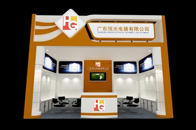 18平米展臺設(shè)計(jì)制作：一面開口/現(xiàn)代/木質(zhì)結(jié)構(gòu)/黃色，為家電展展商而作（免費(fèi)使用）