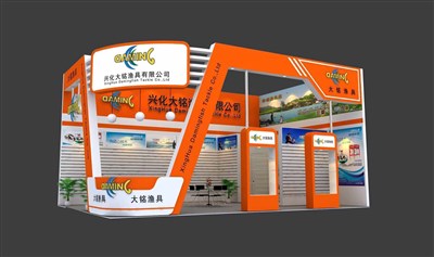 54平米展臺(tái)設(shè)計(jì)制作：二面開口/現(xiàn)代/木質(zhì)結(jié)構(gòu)/橙色，為釣具展展商而作（免費(fèi)使用）