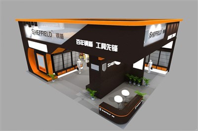 120平米展臺(tái)設(shè)計(jì)制作：二面開口/現(xiàn)代/木質(zhì)結(jié)構(gòu)/黑色，為工具展展商而作（免費(fèi)使用）