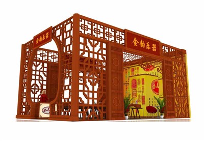 54平米展臺(tái)設(shè)計(jì)制作：三面開口/中式/木質(zhì)結(jié)構(gòu)/紅色，為樂器展展商而作（免費(fèi)使用）