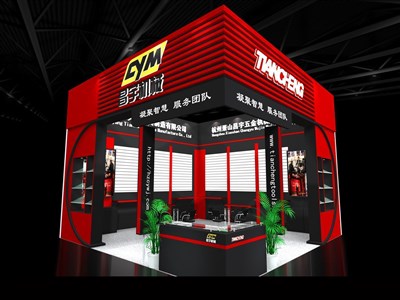 36平米展臺設(shè)計(jì)制作：二面開口/現(xiàn)代/木質(zhì)結(jié)構(gòu)/紅色，為五金展展商而作（免費(fèi)使用）