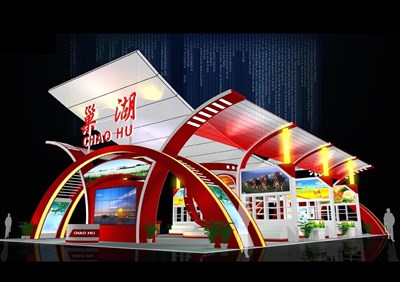 405平米展臺設(shè)計制作：四面開口/現(xiàn)代/型材結(jié)構(gòu)/紅色，為農(nóng)交會展商而作（免費使用）