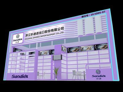 27平米展臺設計制作：一面開口/現(xiàn)代/木質(zhì)結(jié)構(gòu)/紫色，為鞋箱包展展商而作（免費使用）