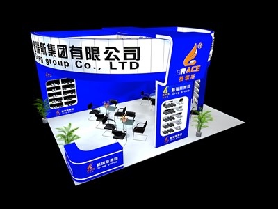 54平米展臺設(shè)計制作：三面開口/現(xiàn)代/木質(zhì)結(jié)構(gòu)/藍色，為鞋箱包展展商而作（免費使用）
