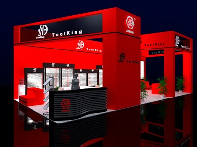 72平米展臺設計制作：三面開口/現(xiàn)代/木質結構/紅色，為五金展展商而作（免費使用）