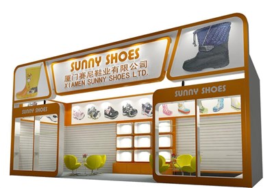27平米展臺(tái)設(shè)計(jì)制作：一面開口/現(xiàn)代/木質(zhì)結(jié)構(gòu)/橙色，為鞋箱包展展商而作（免費(fèi)使用）