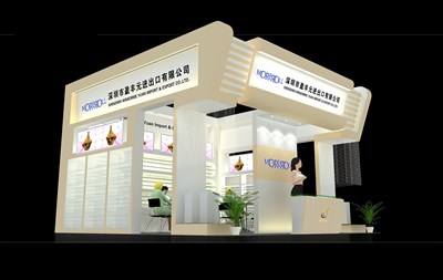 36平米展臺設(shè)計制作：三面開口/現(xiàn)代/木質(zhì)結(jié)構(gòu)/米色，為鞋箱包展展商而作（免費使用）