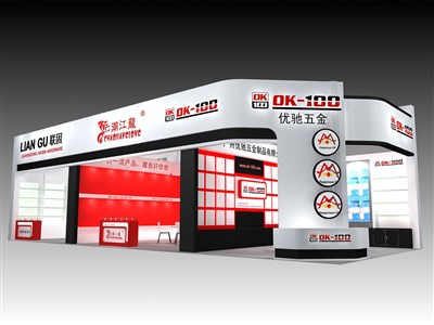 90平米展臺(tái)設(shè)計(jì)制作：二面開口/現(xiàn)代/木質(zhì)結(jié)構(gòu)/白色，為五金展展商而作（免費(fèi)使用）