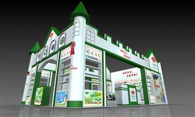 54平米展臺設(shè)計(jì)制作：三面開口/歐式/木質(zhì)結(jié)構(gòu)/綠色，為玩具展展商而作（免費(fèi)使用）