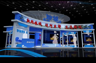 180平米展臺(tái)設(shè)計(jì)制作：三面開口/前衛(wèi)/木質(zhì)結(jié)構(gòu)/藍(lán)色，為文博會(huì)展商而作（免費(fèi)使用）