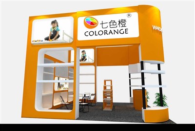 36平米展臺設(shè)計制作：三面開口/現(xiàn)代/木質(zhì)結(jié)構(gòu)/橙色，為玩具展展商而作（免費使用）