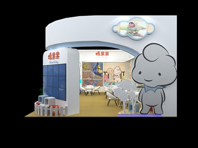 54平米展臺(tái)設(shè)計(jì)制作：二面開口/卡通/木質(zhì)結(jié)構(gòu)/紫色，為嬰幼展展商而作（免費(fèi)使用）