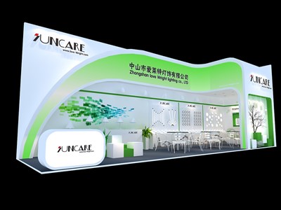 36平米展臺(tái)設(shè)計(jì)制作：二面開(kāi)口/現(xiàn)代/木質(zhì)結(jié)構(gòu)/綠色，為照明展展商而作（免費(fèi)使用）