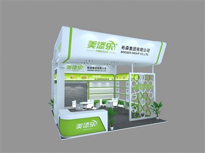 36平米展臺(tái)設(shè)計(jì)制作：一面開(kāi)口/現(xiàn)代/木質(zhì)結(jié)構(gòu)/綠色，為日用品展展商而作（免費(fèi)使用）