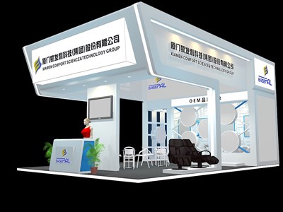 54平米展臺設計制作：三面開口/現(xiàn)代/木質(zhì)結(jié)構(gòu)/白色，為體博會展商而作（免費使用）