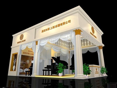 54平米展臺(tái)設(shè)計(jì)制作：三面開口/歐式/木質(zhì)結(jié)構(gòu)/米色，為樂器展展商而作（免費(fèi)使用）