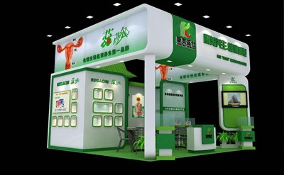 36平米展臺設(shè)計制作：三面開口/現(xiàn)代/木質(zhì)結(jié)構(gòu)/綠色，為美博會展商而作（免費使用）