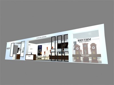 120平米展臺(tái)設(shè)計(jì)制作：三面開口/現(xiàn)代/木質(zhì)結(jié)構(gòu)/白色，為鐘表展展商而作（免費(fèi)使用）